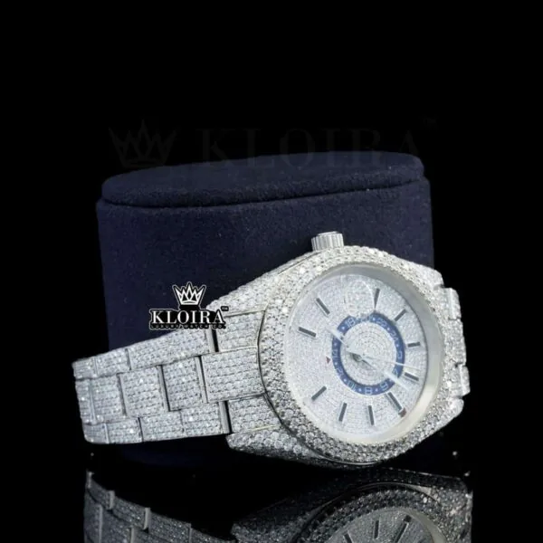 Dual Time Chronograph Dial Stick Markers Fully Iced Out Moissanite Watch Right Profile View
