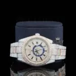 Dual Time Dial Stick Markers Two Tone Bust Down Moissanite Watch Close Up Front View