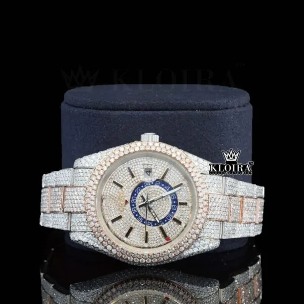 Dual Time Dial Stick Markers Two Tone Bust Down Moissanite Watch Close Up Front View