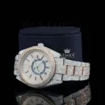 Dual Time Dial Stick Markers Two Tone Bust Down Moissanite Watch Left Profile View