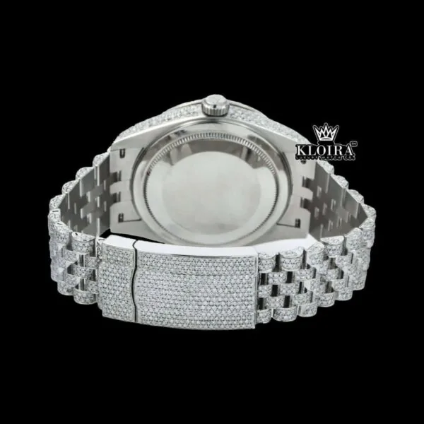 Dual Time Roman Numerals White Dial Iced Out Moissanite Diamond Watch Caseback View