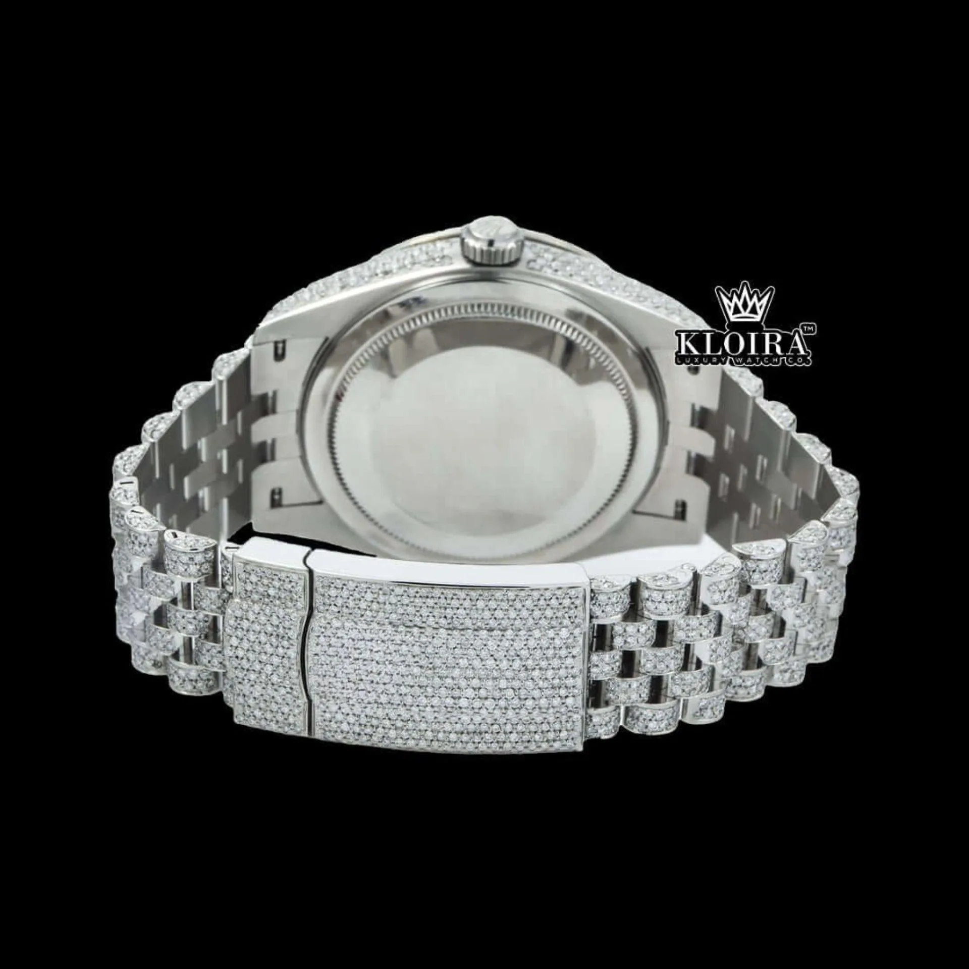 Dual Time Roman Numerals White Dial Iced Out Moissanite Diamond Watch Caseback View