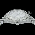 Dual Time Roman Numerals White Dial Iced Out Moissanite Diamond Watch Crown View