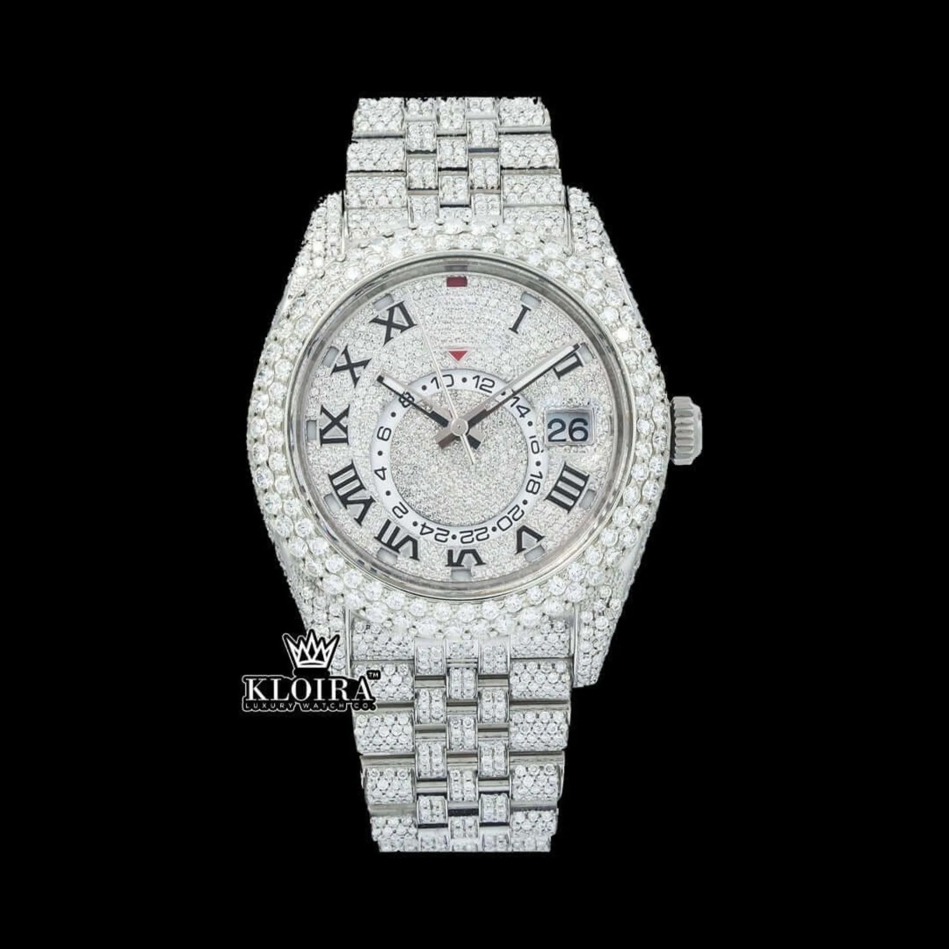 Roles Dual Time Roman Numerals Moissanite Watch with Iced Out Design