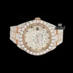 Roles Dual Time Stick Markers Dial Rose Gold Moissanite Watch Front View