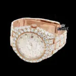 Dual Time Sticek Markers Dial Diamond Bedzel Rose Gold Moissanite Watch Left Profile View