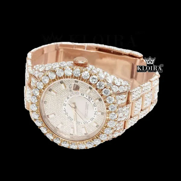 Dual Time Sticek Markers Dial Diamond Bedzel Rose Gold Moissanite Watch Left Profile View