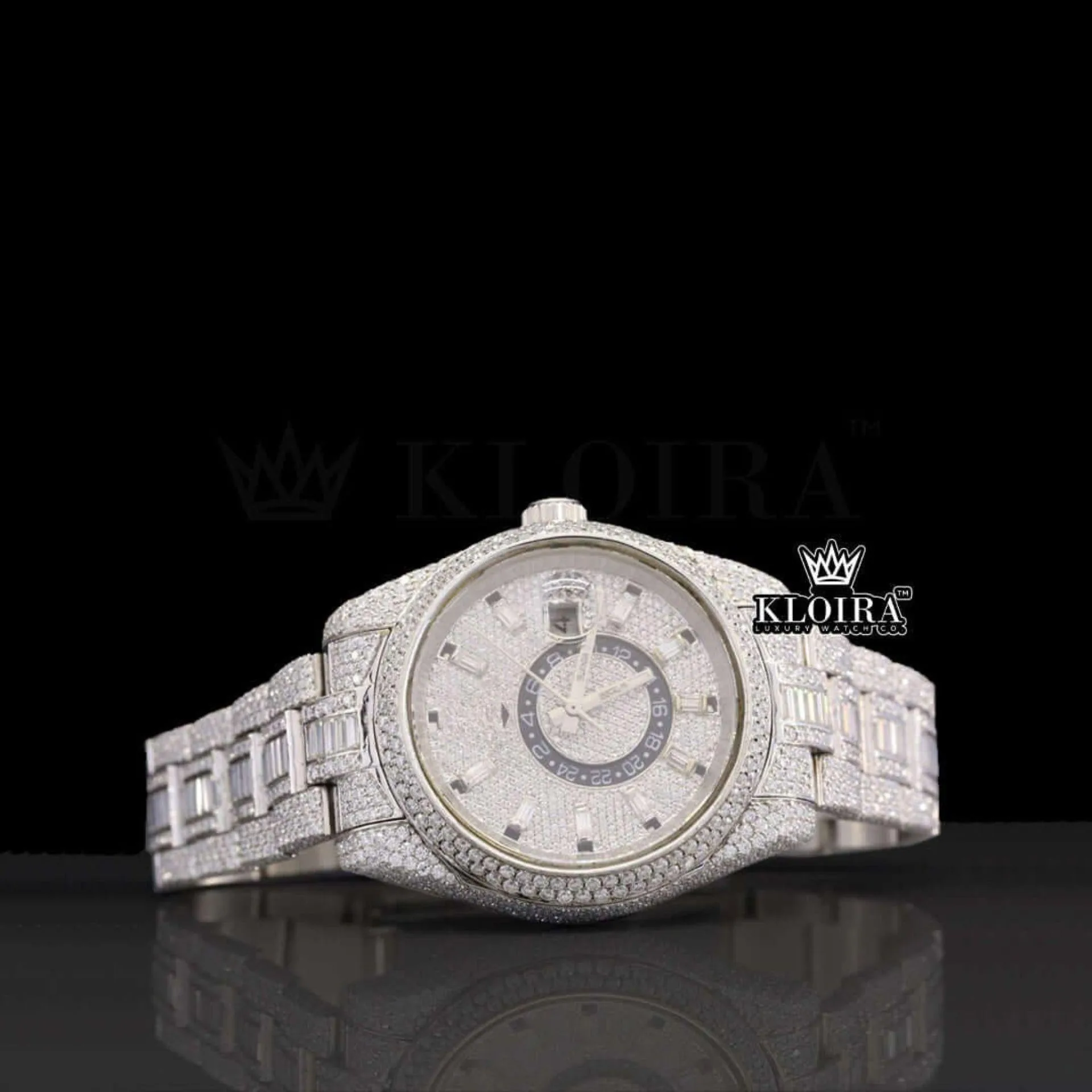 Roles Dual Time Moissanite Watch with White Dial and Stick Markers