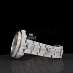 Dual Time White Dial Stick Markers Fully Iced Out Moissanite Watch Left Side View