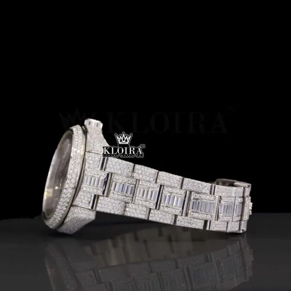 Dual Time White Dial Stick Markers Fully Iced Out Moissanite Watch Left Side View