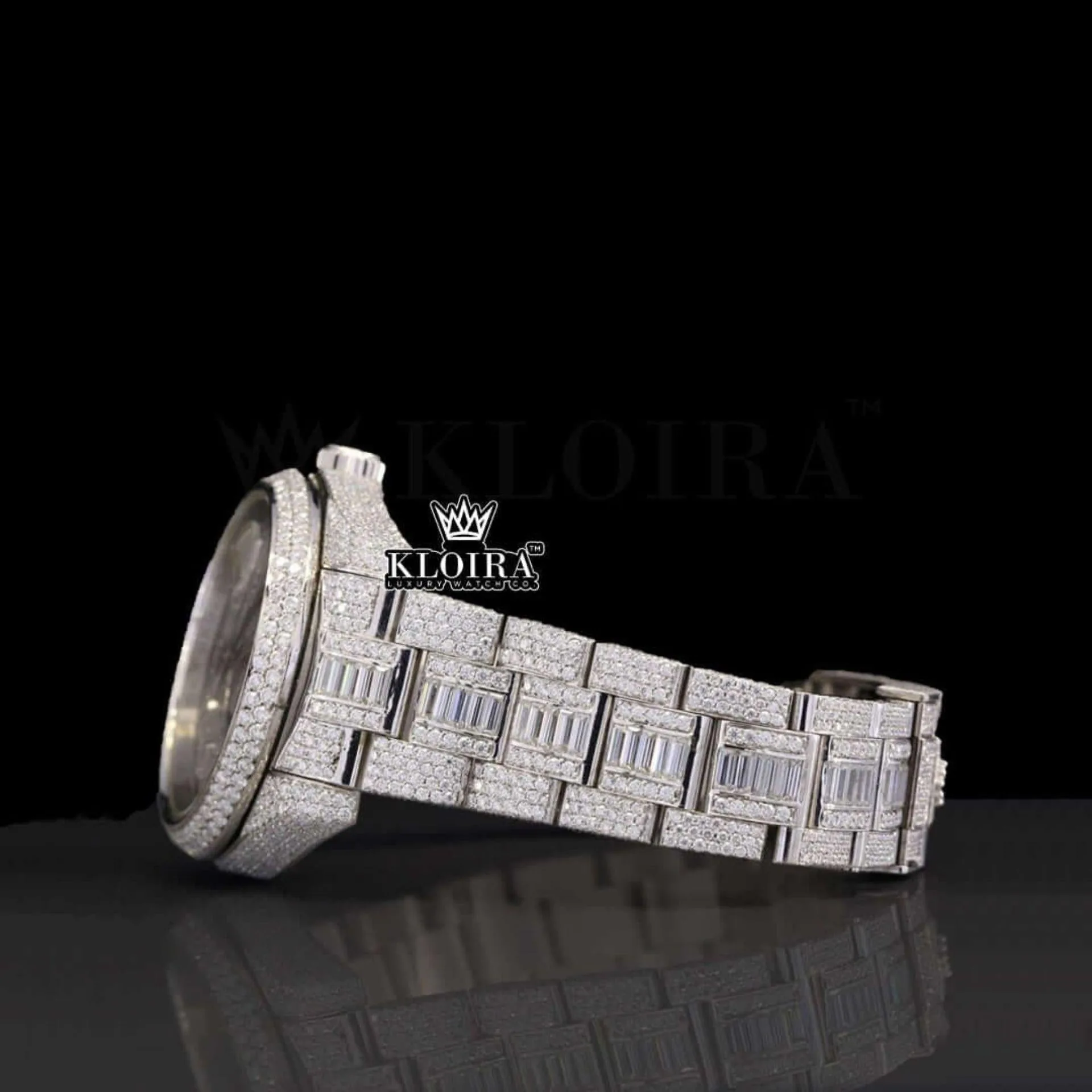 Dual Time White Dial Stick Markers Fully Iced Out Moissanite Watch Left Side View