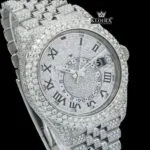Dual Time White Roman Dial Diamond Link Strap Iced Out Moissanite Watch Close Up Dial View