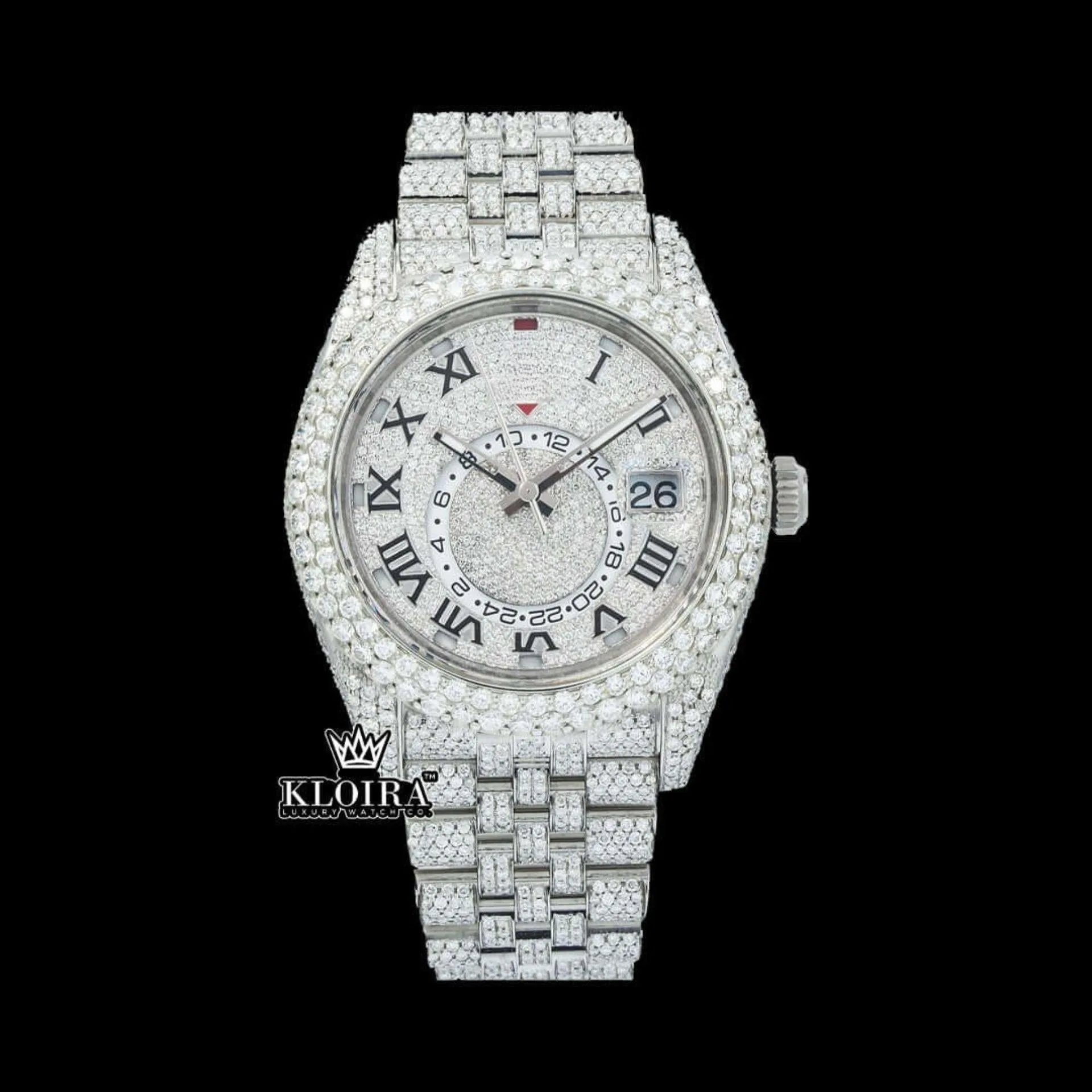 Roles Dual Time Iced Out Moissanite Watch with White Roman Dial and Diamond Link Strap