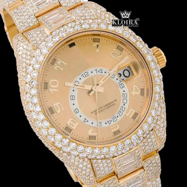 Dual Time Yellow Dial Standard Numerals Yellow Gold Iced Out Moissanite Watch Close Up Dial View