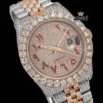 Dual Tone Rose Gold Dial Red Arabic Numerals Iced Out Moissanite Watch Close Up Dial View
