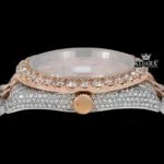 Dual Tone Rose Gold Dial Red Arabic Numerals Iced Out Moissanite Watch Crown View