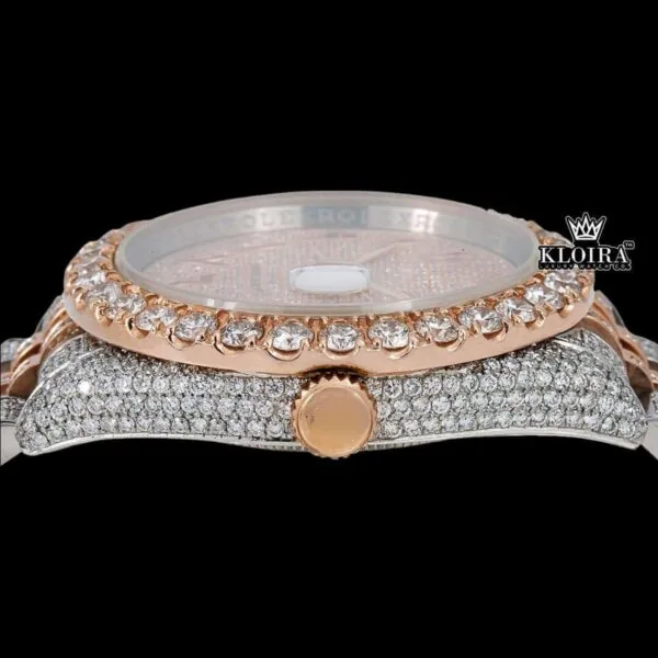 Dual Tone Rose Gold Dial Red Arabic Numerals Iced Out Moissanite Watch Crown View