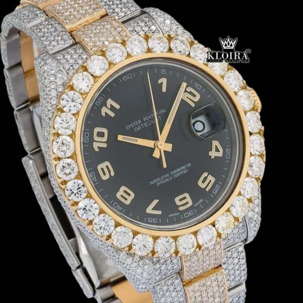 Dual-Tone Standard Numerals Black Dial Moissanite Diamond Watch Close Up Dial View