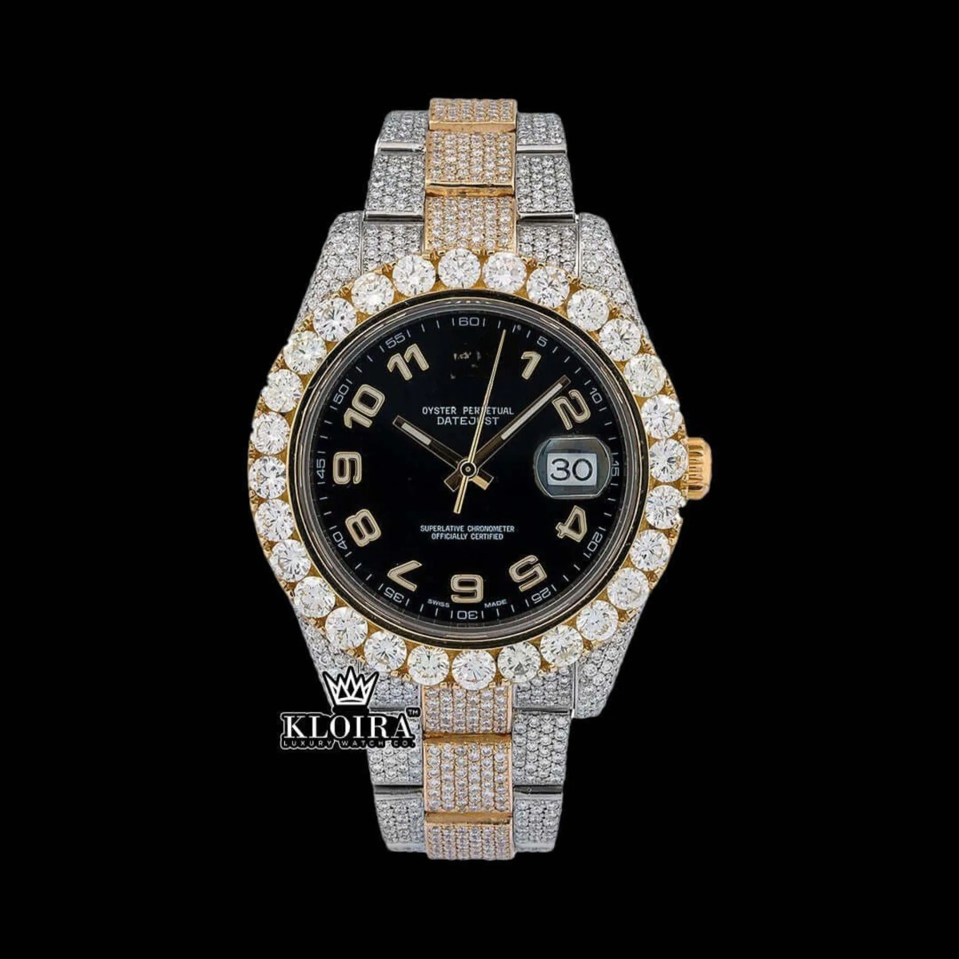 Roles Dual-Tone Moissanite Diamond Watch with Black Dial and Gold Accents