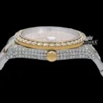 Dual Tone Yellow Dial Fully Iced Out Moissanite Diamond Watch Crown View