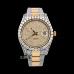 Roles Dual Tone Yellow Dial Moissanite Diamond Watch Front View, showcasing the vibrant yellow dial and iced-out design.