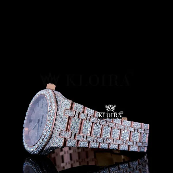 Rose gold fully iced out AP Moissanite diamond watch with 3420 gems and a self-winding movement.