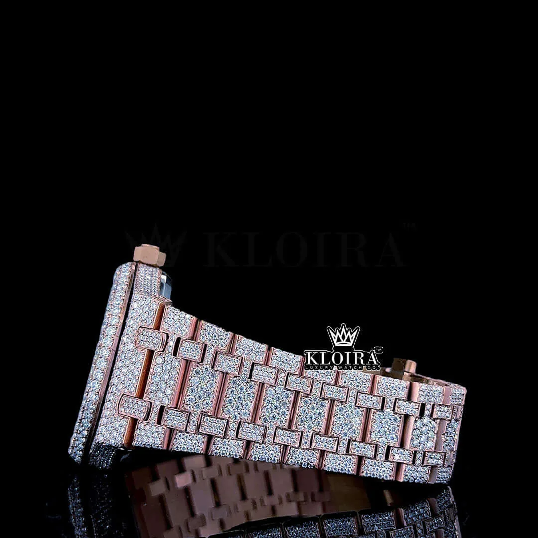 Rose gold fully iced out watch bracelet featuring moissanite gems on a glossy black background.