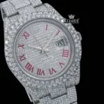 Full Bust Down Red Roman Numerals Moissanite Diamond Watch Close Up Dial View