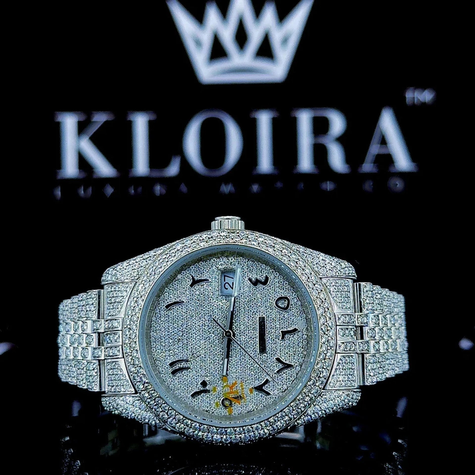 Roles Full Iced Out Moissanite Watch with White Dial and Arabic Numerals
