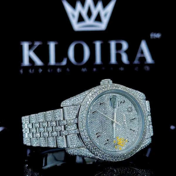 Full Iced Out White Dial Arabic Numerals Moissanite Watch Left Strap View