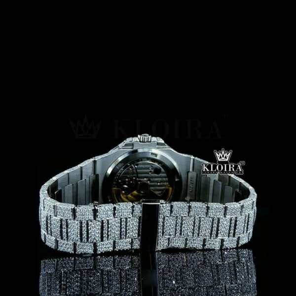 Full Iced Out White Dial Diamond Markers Moissanite Diamond Watch Caseback View