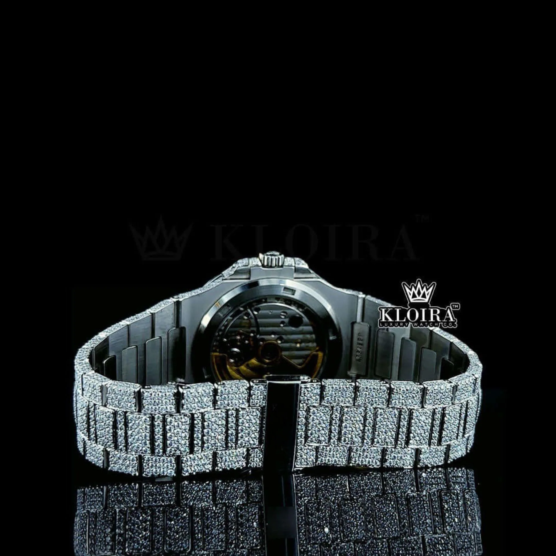 Full Iced Out White Dial Diamond Markers Moissanite Diamond Watch Caseback View