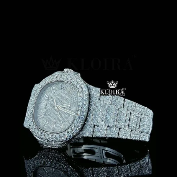 Full Iced Out White Dial Diamond Markers Moissanite Diamond Watch Left Profile View