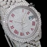 Fullly Iced Out White Dial Red Roman Numerals Moissanite Diamond Watch Close Up Dial View