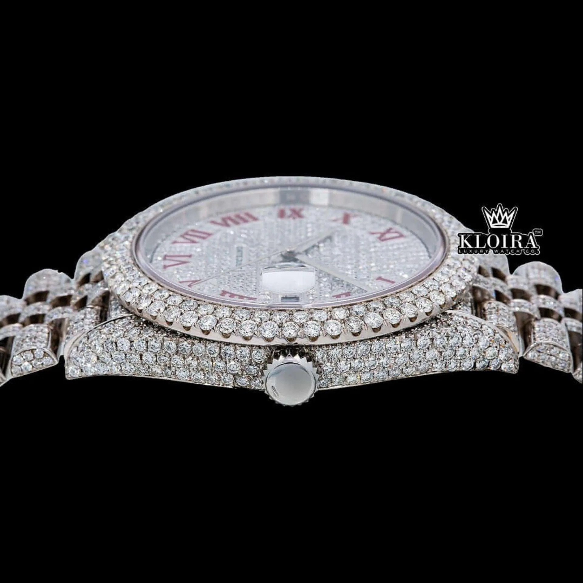 Fullly Iced Out White Dial Red Roman Numerals Moissanite Diamond Watch Crown View