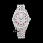 Roles Fully Iced Out Moissanite Diamond Watch with White Dial and Red Roman Numerals