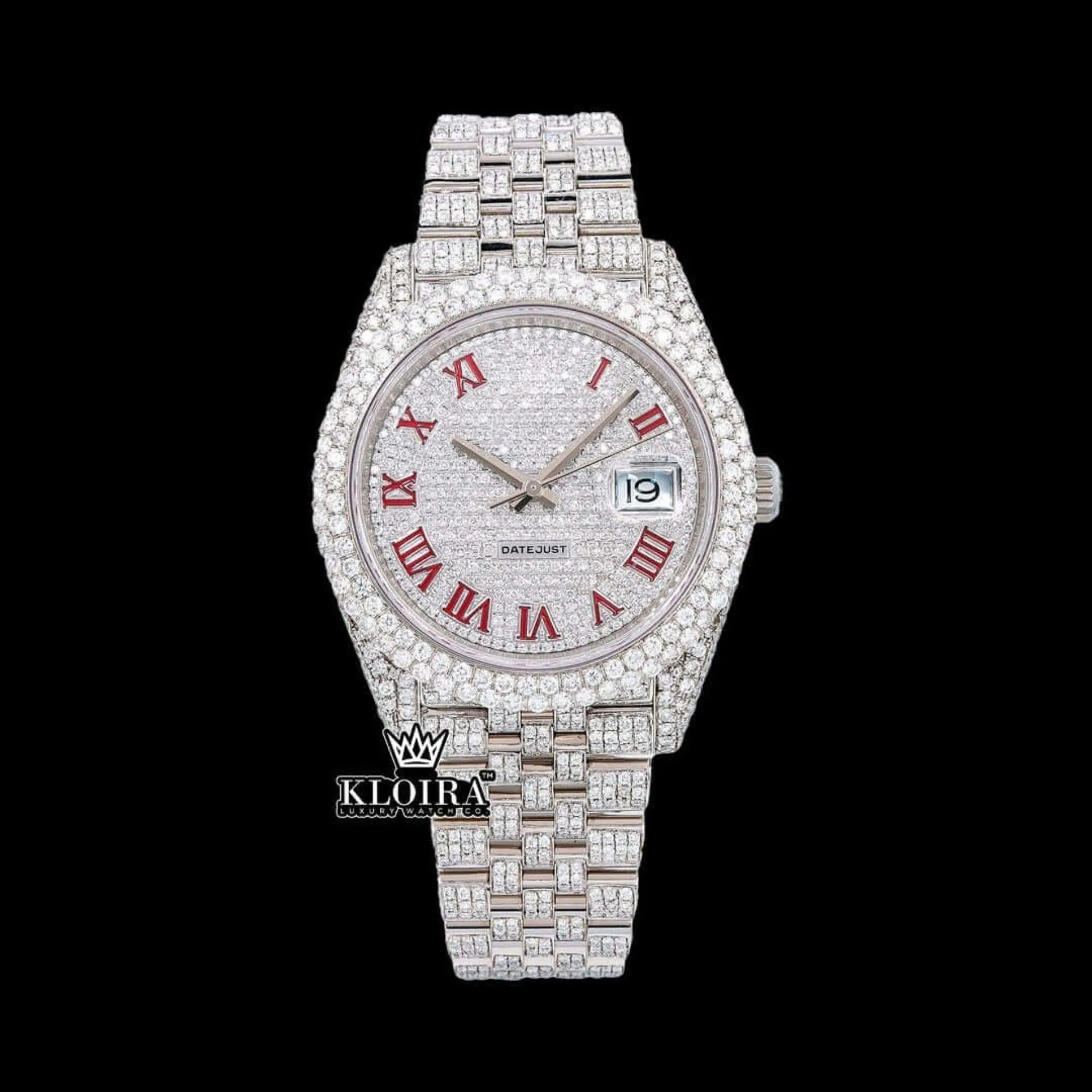 Roles Fully Iced Out Moissanite Diamond Watch with White Dial and Red Roman Numerals