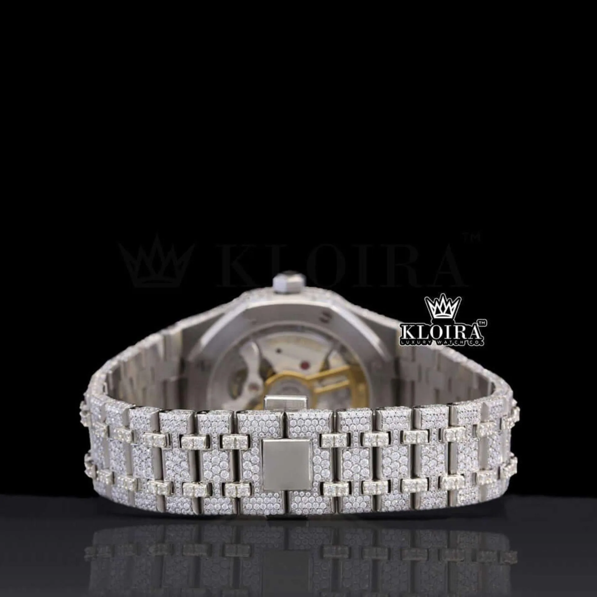 Fully Bust Down Black Stick Markers Moissanite Diamond Watch Caseback View