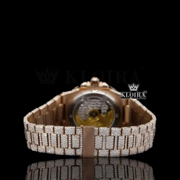 Fully Bust Down Rose Gold Dial White Stick Markers Moissanite Diamond Watch Caseback View
