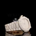 Fully Bust Down Rose Gold Dial White Stick Markers Moissanite Diamond Watch Right Profile View