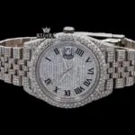 Fully Bust Down White Dial Black Roman Numerals Moissanite Diamond Watch Close Up Front View