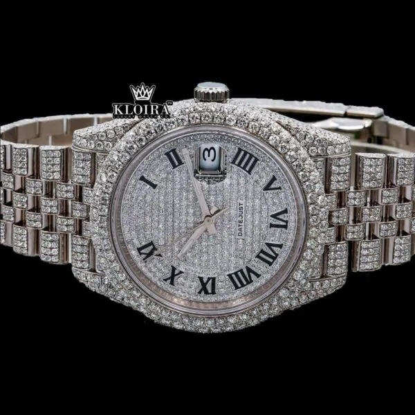 Fully Bust Down White Dial Black Roman Numerals Moissanite Diamond Watch Close Up Front View