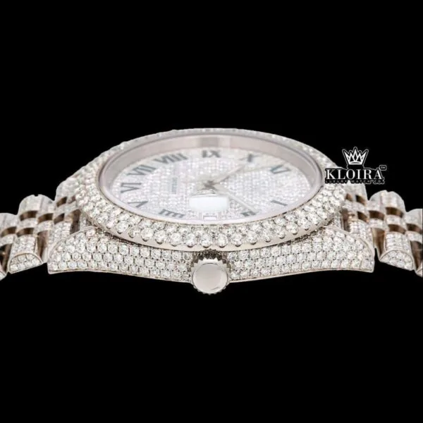 Fully Bust Down White Dial Black Roman Numerals Moissanite Diamond Watch Crown View