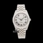 Roles Fully Bust Down Moissanite Diamond Watch with White Dial and Black Roman Numerals