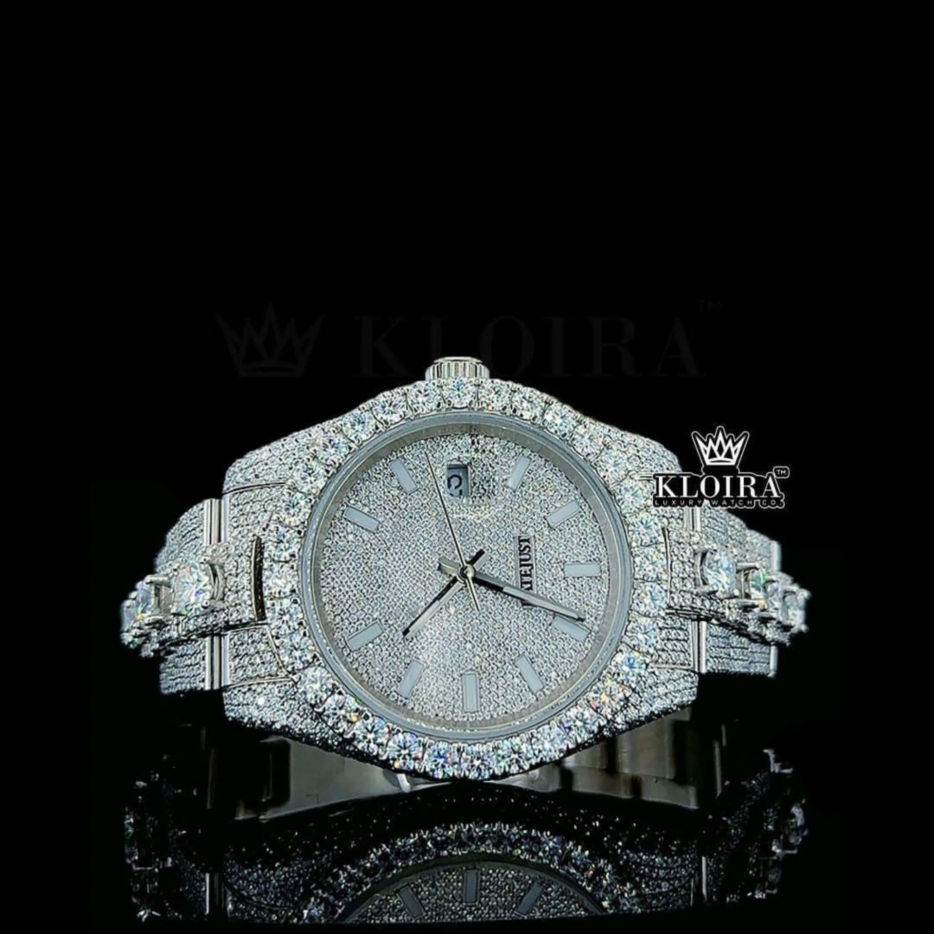 Roles Fully Bust Down Moissanite Diamond Watch with White Dial and Stick Markers