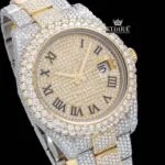 Fully Bust Down Yellow Dial Roman Numeral Moissanite Watch Close Up Dial View