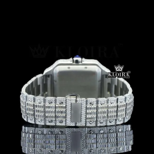 Fully Iced Baguette White Dial Roman Numerals Moissanite Diamond Watch Caseback View
