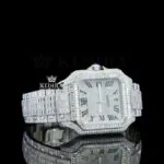 Fully Iced Baguette White Dial Roman Numerals Moissanite Diamond Watch Right Profile View