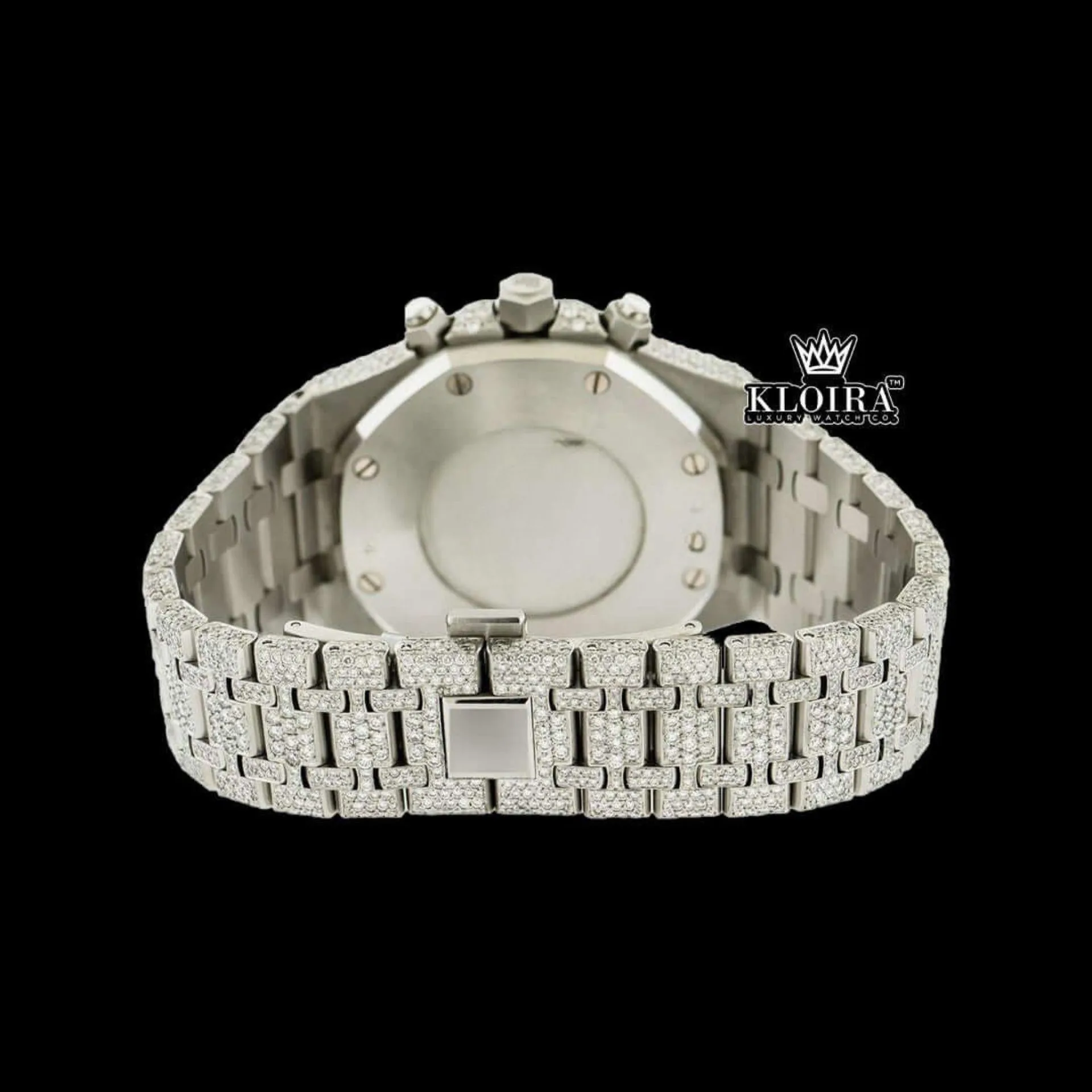Fully Iced Out Black Dial Chronograph Moissanite Diamond Watch Caseback View