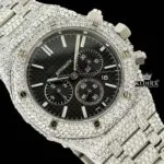 Fully Iced Out Black Dial Chronograph Moissanite Diamond Watch Close Up Dial View